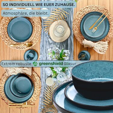 Набір посуду SÄNGER Vigo (18 предметів) | Керамічний набір посуду на 6 осіб | Тарілки, миски, десертні тарілки | Bluе з чорним бордюром, стійкий до подряпин