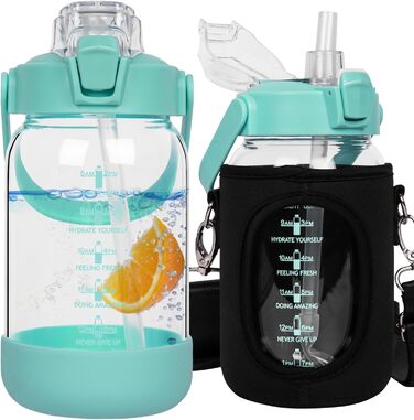 2l Glass Bottle | Drinking Bottle Glass with Straw & Time Marker, Leak-Proof 2 liter Large Glass Water Bottle for Smoothies, Carbonated Drinks Suitable, Dishwasher Safe (Light Green, 1000 ml)