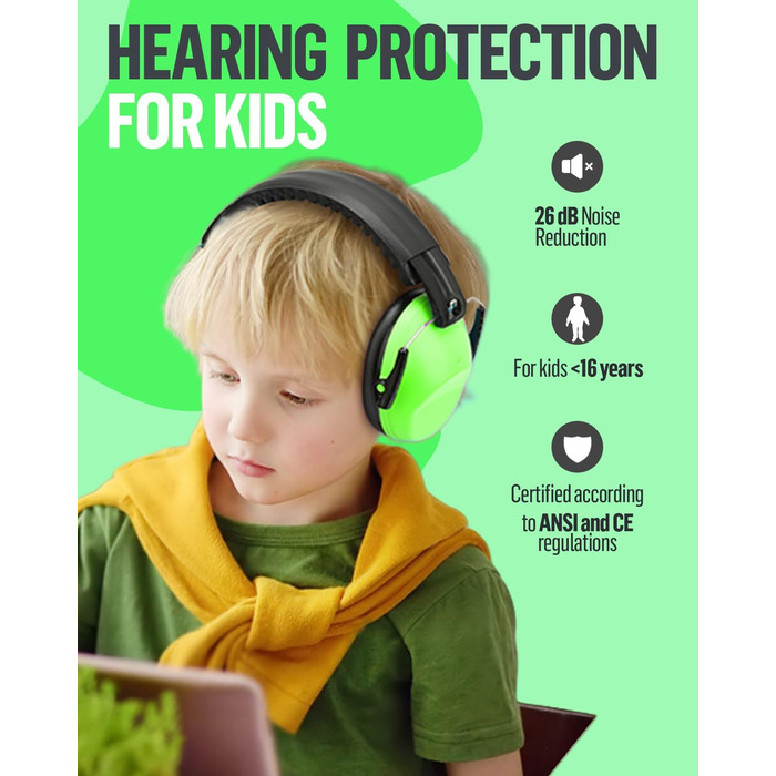 Навушники для захисту вух дитячі, SNR 26dB, для сну, навчання, регульоване наголов'я (зелені)
