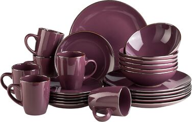 Modern Dinnerware Set for 6 People with Brass-Colored Rim, 24-Piece Combination Service with Rimless Coupe Shapes, Black 24-Piece Black