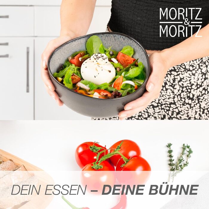 Набір органічних мюслі-мисок Moritz & Moritz (6 шт.) з кераміки, 500 мл, сучасний дизайн, градієнт кольору, стійкі до миття в посудомийній машині (сірий, сервіровочна миска (2x))