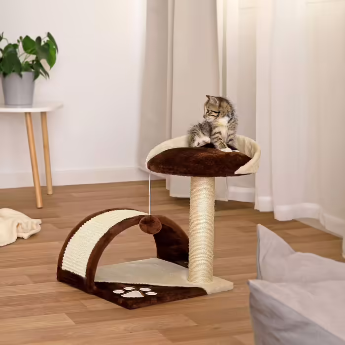 Когтеточка для котів з плюшевою кулькою та аркою, 43 см, м'яка лежанка з плюшу, стійка, із сизалевим канатом для догляду за кігтями, для малих і великих котів, коричнева/бежева