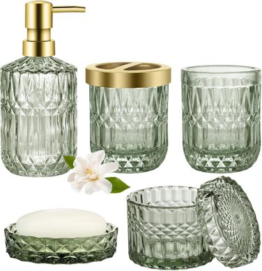 Набір аксесуарів для ванної кімнати 5 предметів, чорний дозатор для мила та лосьйону, мильничка, підставка для зубних щіток, стаканчик, склянка для ватних паличок, прозорий скляний бокс (Зелений)