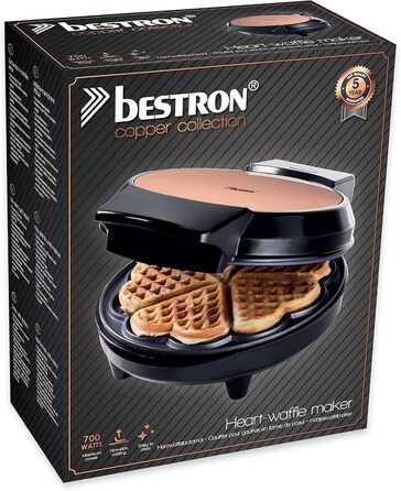 Bestron Heart-Shaped Waffle Maker - Copper Finish, 700W Non-Stick Waffle Iron