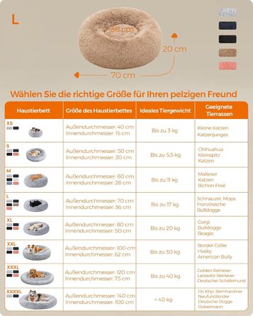 Крісло-лежанка для собак та котів Feandrea, м'яке, у вигляді подушки-донуту, 60 см, Ombré-Grey, знімний наповнювач, довгий плюш, 70x70x20 см, верблюжий колір