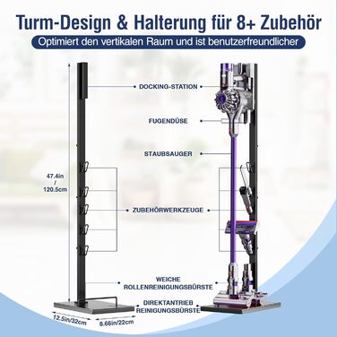 Підставка для пилососа Dyson – сумісна з V15, V12, V11, V10, V8, V7, V6 – автономна з кріпленням для аксесуарів – економія місця, без свердління