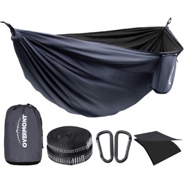 Гамак Overmont двошаровий сертифікований TÜV, 400 кг, 280x185 см, нейлон, для кемпінгу, відпочинку на природі, чорний, темно-сірий