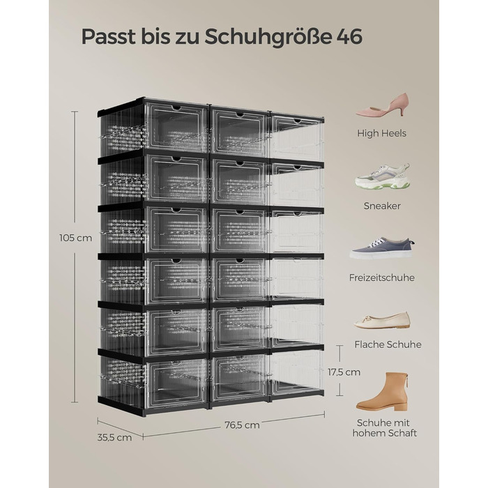 SONGMICS Shoe Cabinet Set, with 18 Shoe Boxes, Integrated Shoe Organizer, Foldable, Portable, for Shoes up to Size 46, 1-Minute Assembly, Transparent-Cloud White LSP207W01 (Transparent + Ink Black, 3)
