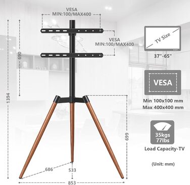 RFIVER Adjustable TV Stand with Swivel - Fits 32-65 Inch TVs, VESA 400x400, 35kg Weight Capacity (Red-Brown)