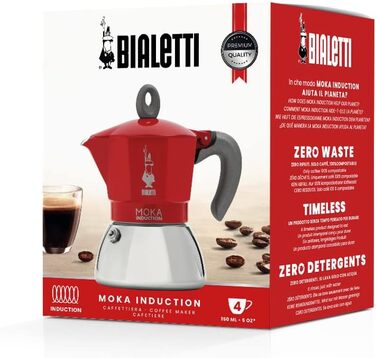 Bialetti - Moka Induction, Moka Pot, Suitable for All Cooktops, 4 Cups Espresso (150ml), Red 4 Cups New Moka Induction Red