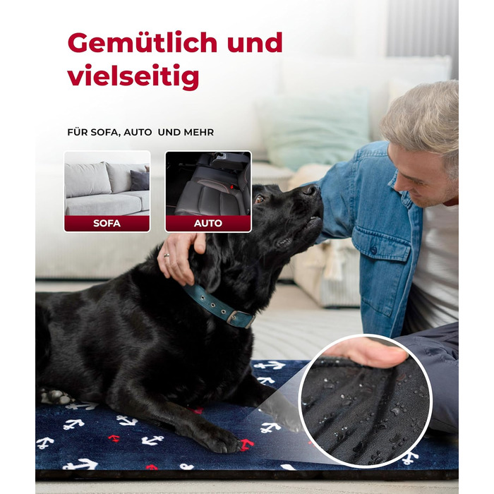 Лежанка для собак XS (45x65 см) – неслизька та затишна з 3 см наповнювачем – ідеально для дивану, авто та переноски – Made in Germany (95 x 135 см, Анкер Блакитний)