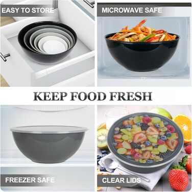 Набір мисок для змішування 6 шт з кришками, пластикові BPA-free, об’єм 0,25-5,25 л, салатниці для кухні, штабельовані, для мішання і сервірування