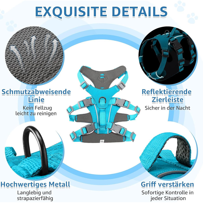 Нашийник для собак маленьких та середніх порід, не тягне, дихаючий, з ручкою, світловідбиваючий, нейлон, для прогулянок та повсякденного використання (Блакитний, L/XL)