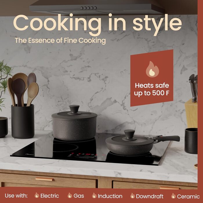 Набір кухонного посуду Bakken 15 предметів з антипригарним покриттям Granit: каструлі та сковорідки, сумісні з усіма плитами, миючі в посудомийній машині та придатні для духовки