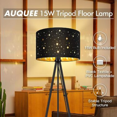 AUQUEE LED-стійка лампа для вітальні, 6W, сучасна тринога з металу, декоративний плафон, вимикач на корпусі, ретро лампа для читання, для вітальні, спальні (зірка+чорний та золото)