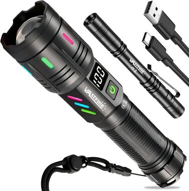 Ліхтар LED VASTFIRE 500000 люменів, тактичний, перезаряджається USB, водонепроникний, для кемпінгу, туризму, активного відпочинку, надпотужний, чорний