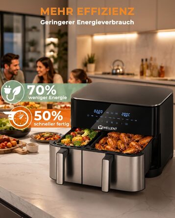 Аерофритюрниця WELLENT Dual Zone XXL 11л - 2950W з 2 камерами (6+6л), функцією Match & Sync, вікном огляду, таймером та можливістю миття в посудомийній машині