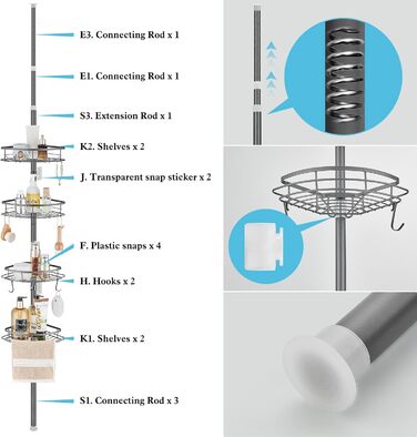 DUFU Shower Shelf Telescopic No Drilling with 4 Shower Basket Corner, Non-Slip, Stable Bathroom Shelf Made of Metal, Height Adjustable 85-325cm, Telescopic Shelf Bath Grey