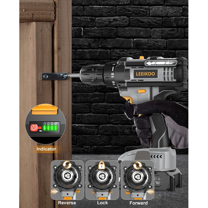 Акумуляторний шуруповерт LEEIKOO 21V з акумулятором 2.0Ah, 42N.m, 10мм патрон, 2 швидкості, 18+1 момент, LED, 20шт набору, сірий