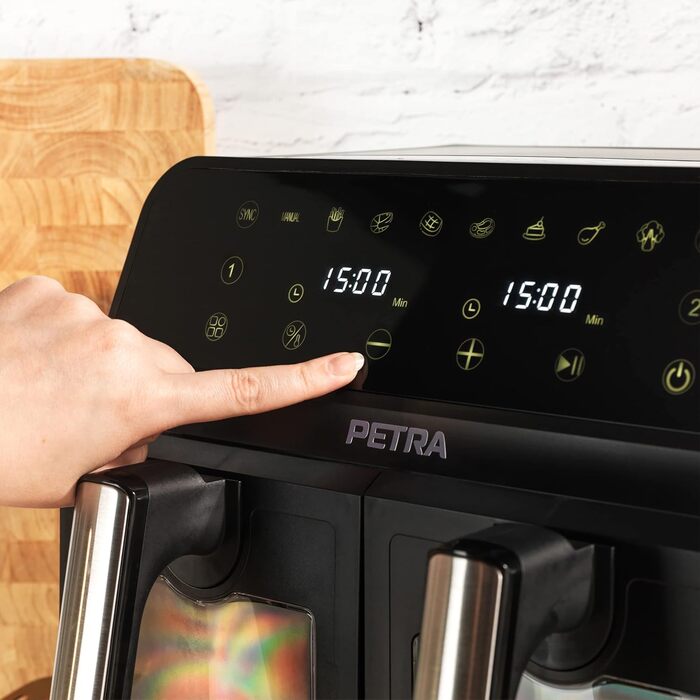 Двокамерна аерофритюрниця Petra PT5196GWVDE 7,6 л, без олії, 1700 Вт, подвійна шухляда з оглядовими вікнами, антипригарні кошики, 10 програм