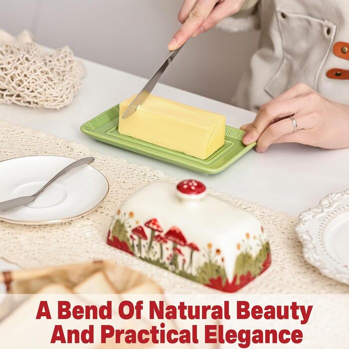 Fun Mushroom Butter Dish with Lid for Countertop - Ceramic, Red Mushroom Butter Container, Butter Tray, Large Butter Dish (White, Standard)
