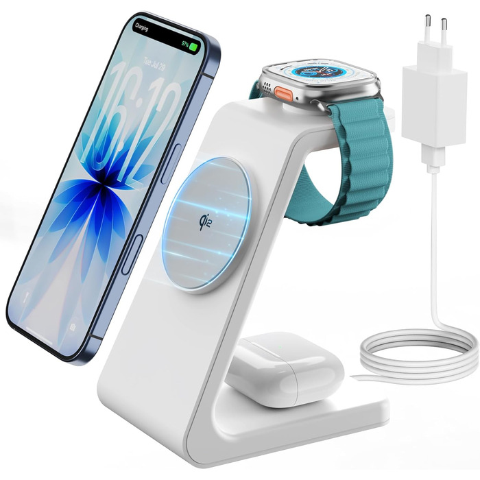 GEEKERA 3-в-1 зарядний пристрій Qi2 з MagSafe, 15W індукційна станція для iPhone 17/16/15/14/13/12, Apple Watch 11-2 та AirPods, білий/сірий