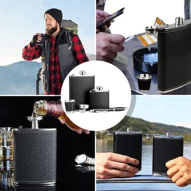 Персоналізований набір фляг 8oz + 3oz, чорна шкіра з келихом з нержавіючої сталі, ручка для підпису, воронка - подарунковий набір для чоловіків, ідеальний для подарунка на День батька