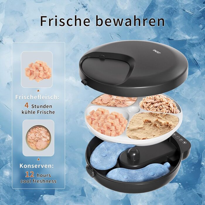 Автоматичний дозатор корму для котів та собак, 8oz*4 порції, з таймером, акумуляторний, з блокуванням, 2 охолоджуючі акумулятори (Чорний)