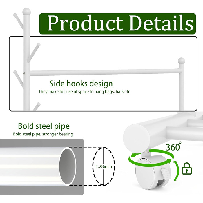 Clothes Rack Clothes Hanger Portable - Rolling Clothes Rack on Wheels With Bottom Shelves (White)