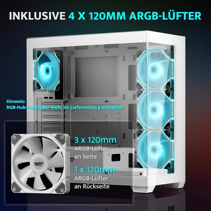 darkFlash DS900: Корпус для ПК ATX Mid-Tower з 4 PWM ARGB-вентиляторами, подвійна скляна панель, підтримка радіаторів водяного охолодження 360mm, USB Type-C, чорний