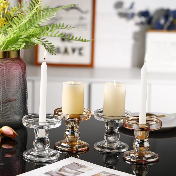 Glass Candle Holders for Pillar Candles/Taper Candles, Decorative Candle Stands, Set of 3, for Formal Events, Wedding, Church, Holiday Decorations, Table Decorations