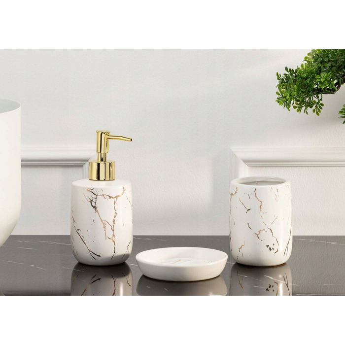 Набір аксесуарів для ванної кімнати (3 предмети), біло-золотий, стиль гламур