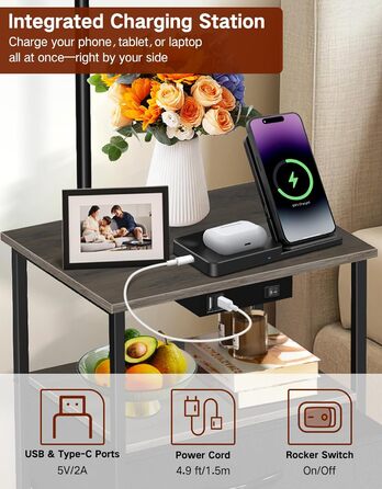 Стельова лампа для вітальні з поличкою та столиком, регульована LED, з пультом, 3 колірні температури, приліжний столик з підзарядкою та полицею, дерев'яний столик для спальні/офісу (сірий з шухлядами)