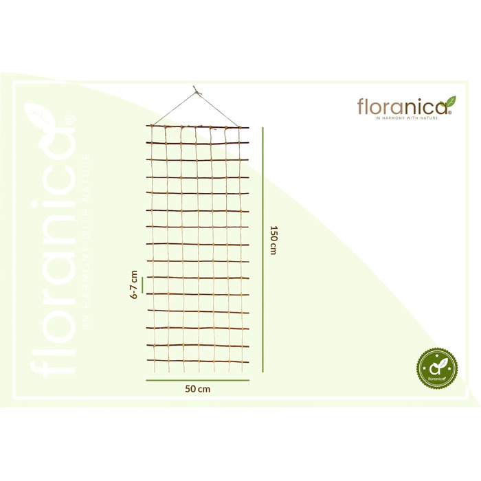 Floranica Climbing Plant Support Rank Grid - Length 150cm, Width 50cm. Made of natural willow, with ecological twine and a jute bag. Ideal support for roses, climbing plants, vegetables, and vines.