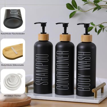 Набір з 3 чорних скляних флаконів для шампуню, гелю для душу та мила (500 мл)
