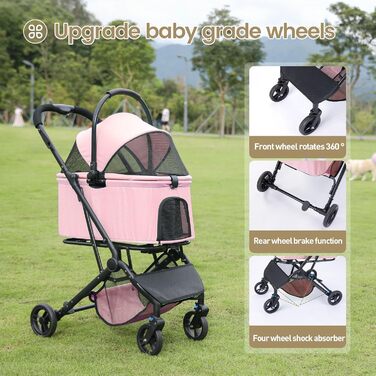 Візок для собак 2-в-1 з віднімним кошиком, складний візок для цуценят для собак та котів, 4 колеса з кишенькою для зберігання, візок для тварин з поворотними на 360° передніми колесами для подорожей на відкритому повітрі (Рожевий)