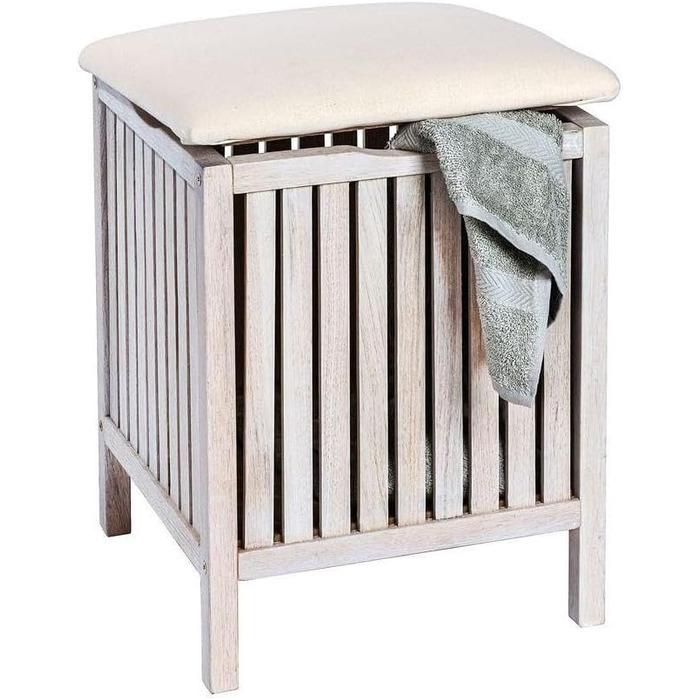 WENKO Badhocker Norway with Laundry Hamper, Storage Ottoman with Padded and Flip-Up Seat as Lid, Solid Walnut Wood, Oiled, Capacity 65 L, (W x H x D): 39 x 52 x 39 cm, Natural (White)