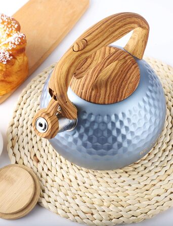 Чайник BELANKO Teekessel 2.7 л з дерев'яною ручкою, гучний свисток, чайник з нержавіючої сталі для плити, індукції, діамантовим дизайном, чорний (блакитний Glacier Blue)