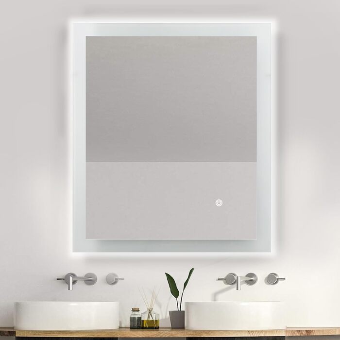 Дзеркало для ванної кімнати з підсвічуванням 70x50 см | LED дзеркало | IP54 вологостійке | Сенсорне управління | Настінне дзеркало | Горизонтальна/Вертикальна установка 6500K холодне біле світло