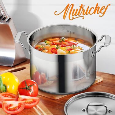 NutriChef Каструля з нержавіючої сталі 8 л 18/8 – Великий суповий та жаровий горщик з кришкою, підходить для індукції, кераміки, галогенових плит, для супів та рагу, харчова сталь, можна мити в посудомийці