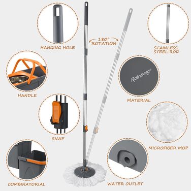 Набір для миття підлоги Rainberg Spin Mop з відром: 3 змінні насадки, висувний 130 см, мікрофібра, самовіджимання, сірий та помаранчевий