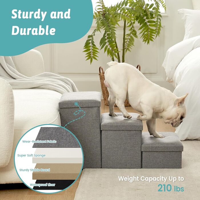 Сходинки для собак маленьких порід зі зберіганням, широкі, складні для ліжка та дивану, з неслизьким покриттям, вологостійкі (сірий, 43x72x42.5см, 3) сірий 3 43x72x42.5см