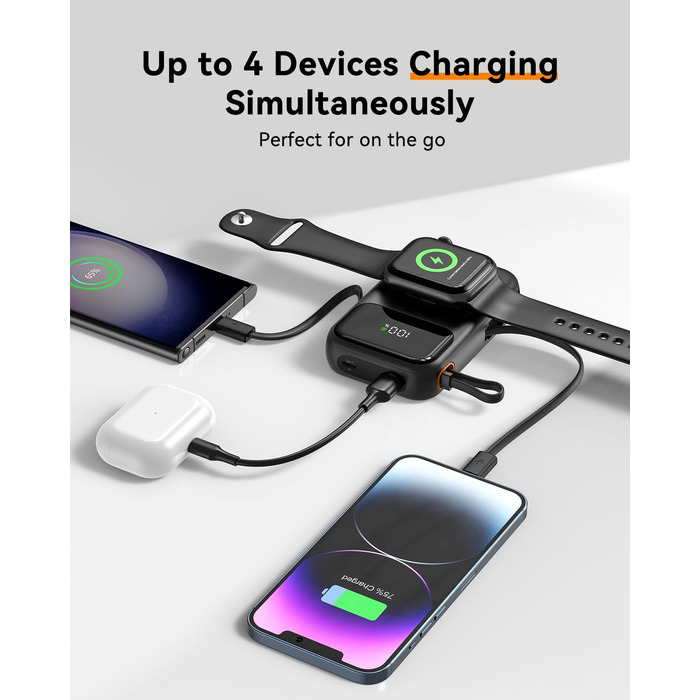 Power Bank Kuulaa для Apple Watch 10000mAh з LCD-дисплеєм та двома кабелями, 22.5W PD, сумісний з iPhone, iPad, Apple Watch 10/9/8/Ultra2/Ultra/SE