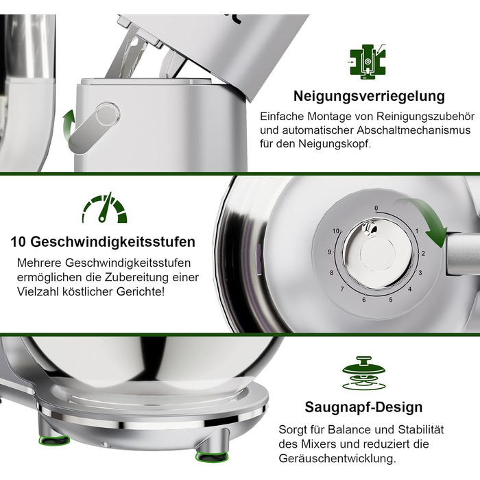 Кухонна машина Camic 2000W: планетарний міксер з чашею з нержавіючої сталі 7л, 10 швидкостями, набором насадок та захистом від бризок, сріблястий