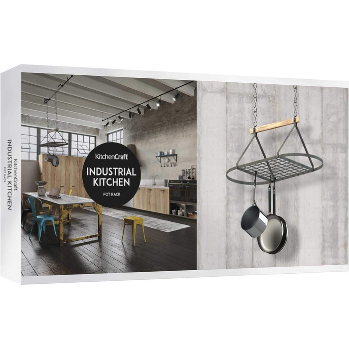 Кухонна підвісна полиця KitchenCraft для каструль, сковорідок і кухонного приладдя, 8 гачків, метал і дерево, 42x18 см, сіра