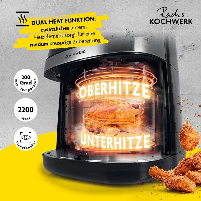 Фритюрниця RACHS KOCHWERK Vario-Doppelkammer 9 л з роздільною камерою, сенсорним екраном та 8 програмами | Airfryer для смаження без олії, з функцією Smart-Cook (нержавіюча сталь / чорний)