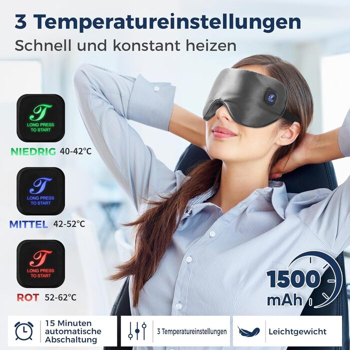 Тепла маска для очей Telepepe з підігрівом, 1500mAh, акумулятор, 3 режими, велика батарея, знімна наволочка, подарунок