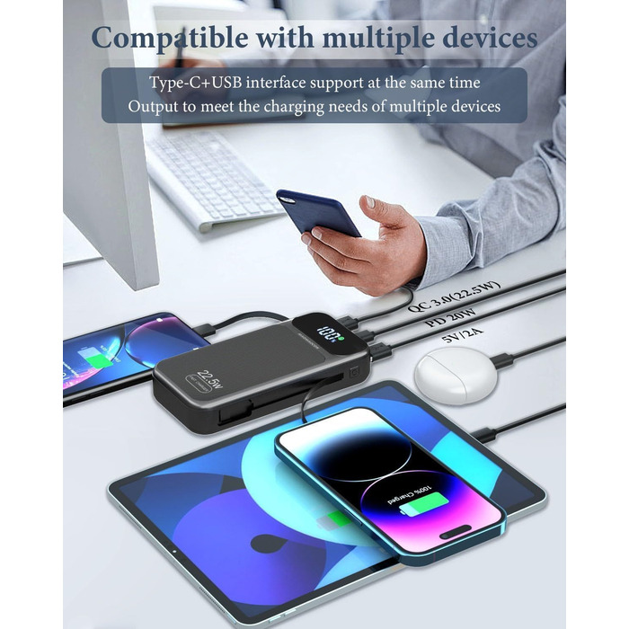 Power Bank 25800mAh 22,5W з LCD дисплеєм: швидка зарядка PD3.0 QC4.0, USB-C вхід/вихід, портативний зарядний пристрій для смартфонів