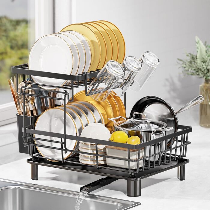 LIONONLY Dish Drainer Rack, Small 2-Tier Dish Rack with Drip Bowl, Stainless Steel Dish Drainer with Utensil Holder, Drink Holder and Swivel Spout, Dish Drying Rack Kitchen