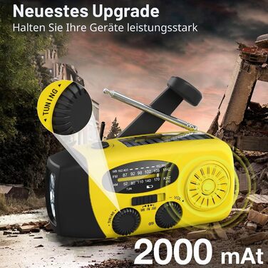 Радіо Solar Radio на сонячних батареях з ручним генератором, AM/FM, Powerbank 2000mAh, LED ліхтарик, USB зарядка для телефону - жовте